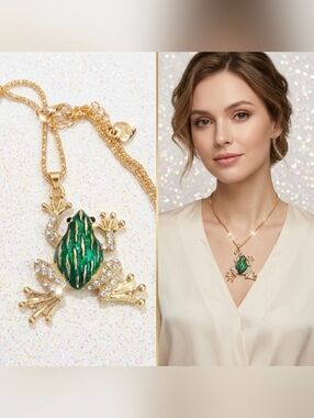 Gold plated green white crystal frog necklace